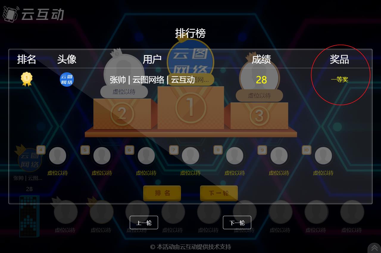 現(xiàn)場(chǎng)競(jìng)技互動(dòng)游戲結(jié)束后如何顯示中獎(jiǎng)用戶的獎(jiǎng)品信息？